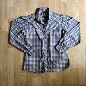 Vintage 70s 80s Western Pearl Snap Prairie Puff Sleeve Blue Plaid Made in USA